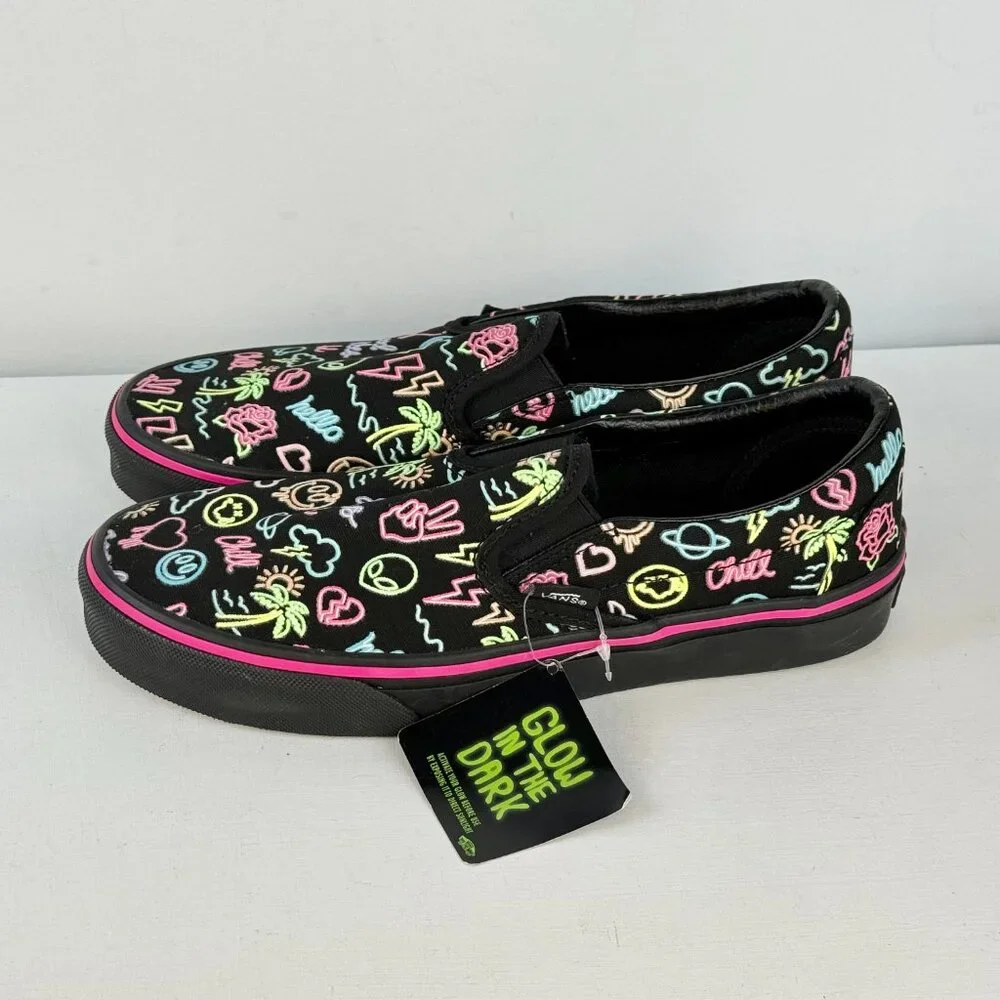 M6 W7.5- Vans Slip-On Glow In The Dark Black Neon Lights Emoji Skate Shoes